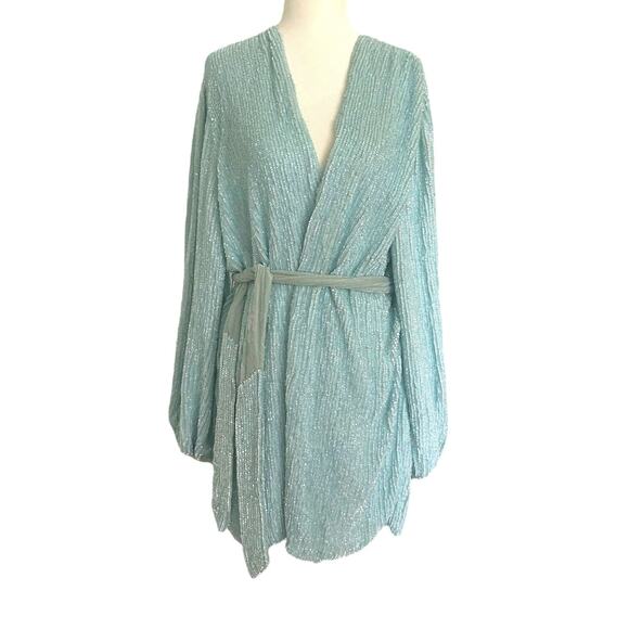 Retrofete Sequin Gabrielle Robe Dress Wrap Light Blue Teal Small - Picture 3 of 9